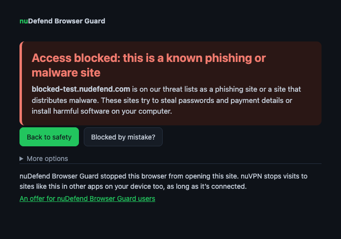 Page d’avertissement de nuDefend Browser Guard, affichée à la place d’un site dangereux